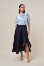 Load image into Gallery viewer, Asymmetrical belted denim midi skirt