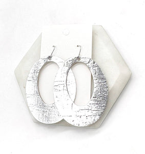 Silver Chrome Oval Cutout Cork Leather Earrings Valentines