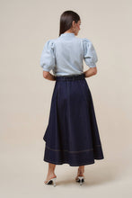 Load image into Gallery viewer, Asymmetrical belted denim midi skirt