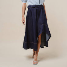 Load image into Gallery viewer, Asymmetrical belted denim midi skirt