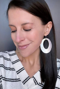 Silver Chrome Oval Cutout Cork Leather Earrings Valentines