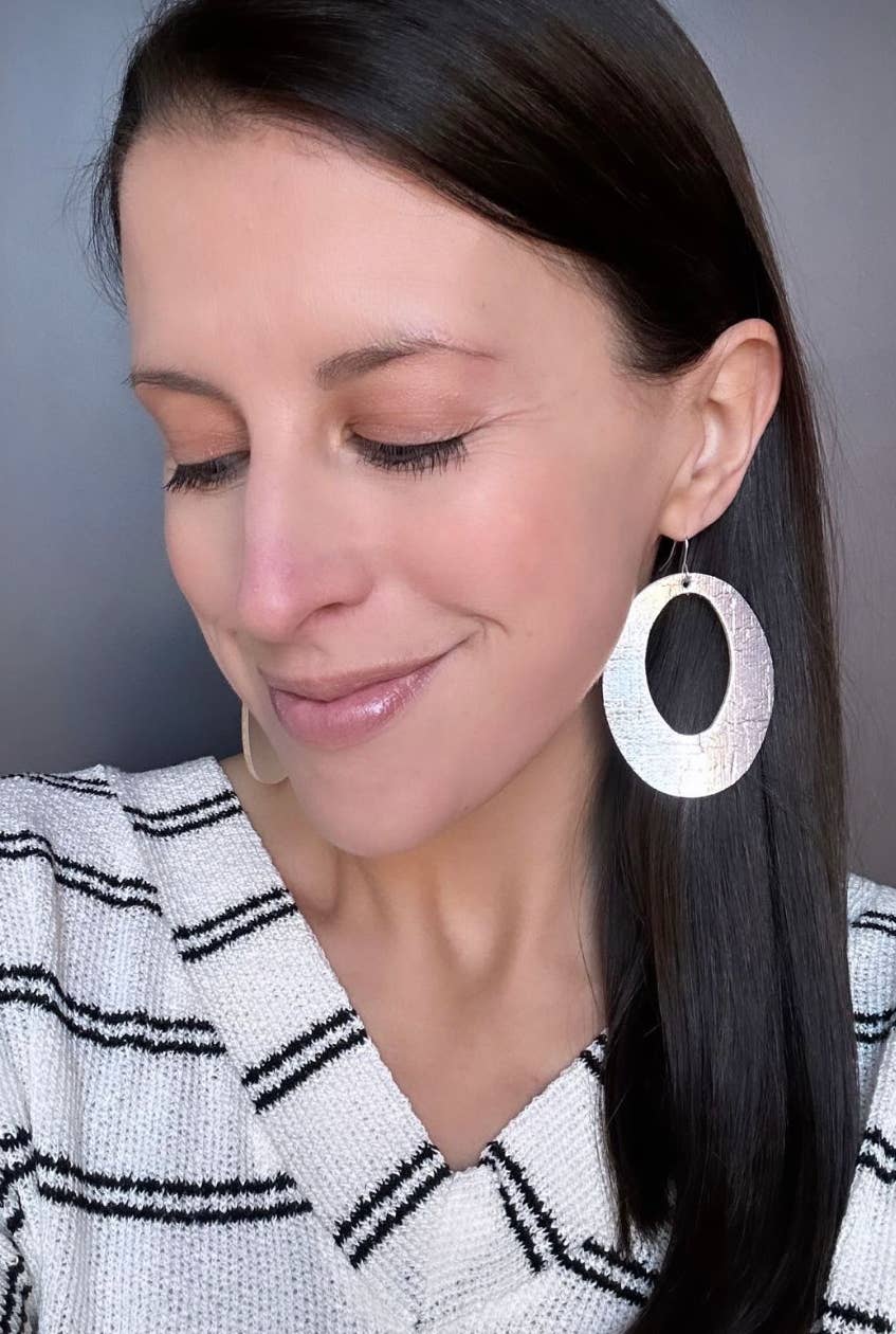 Silver Chrome Oval Cutout Cork Leather Earrings Valentines