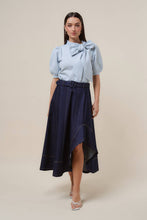 Load image into Gallery viewer, Asymmetrical belted denim midi skirt