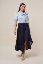 Load image into Gallery viewer, Asymmetrical belted denim midi skirt