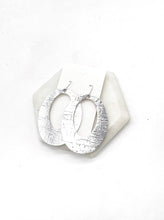 Load image into Gallery viewer, Silver Chrome Oval Cutout Cork Leather Earrings Valentines