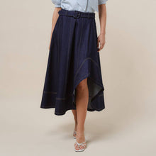 Load image into Gallery viewer, Asymmetrical belted denim midi skirt