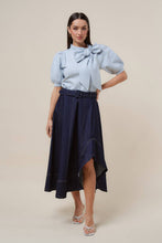 Load image into Gallery viewer, Asymmetrical belted denim midi skirt
