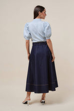 Load image into Gallery viewer, Asymmetrical belted denim midi skirt