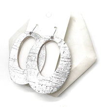 Load image into Gallery viewer, Silver Chrome Oval Cutout Cork Leather Earrings Valentines