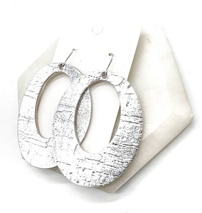 Silver Chrome Oval Cutout Cork Leather Earrings Valentines